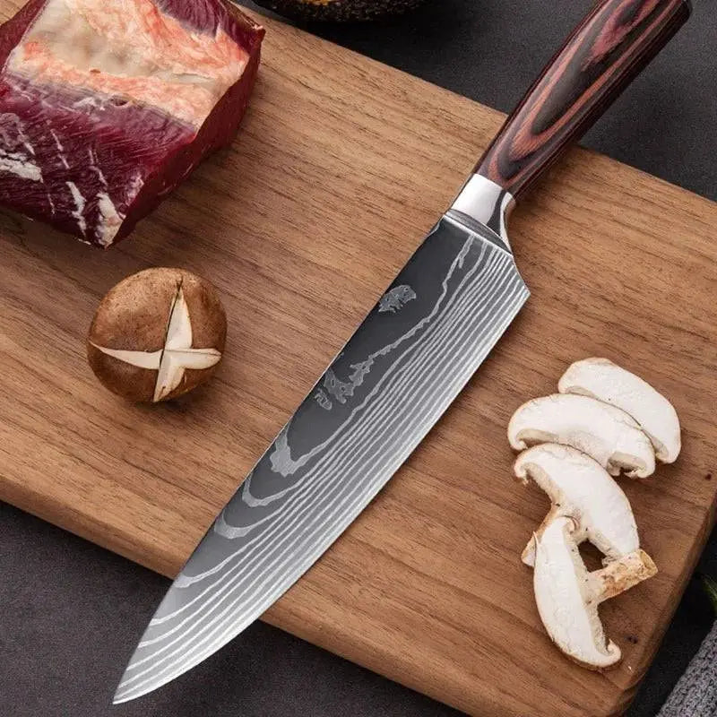 Single Damascus Knife for Fruit Cutting | Sharp & Stylish slicing mushrooms on a wooden board, highlighting blade precision.