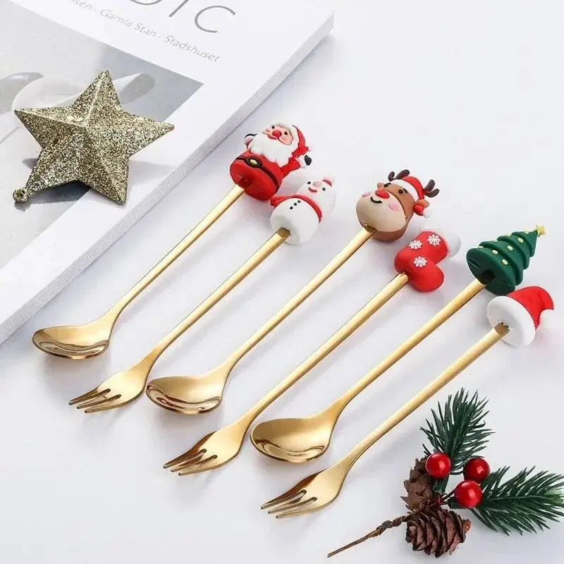 Christmas Coffee Spoons Set | Stainless Gift Set with gold spoons and forks featuring festive toppers, displayed on a white surface.