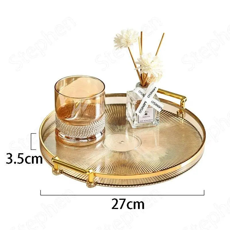 Elegant Round Plastic Tray with dimensions 27cm diameter and 3.5cm height, ideal for stylish serving and organizing on coffee tables.