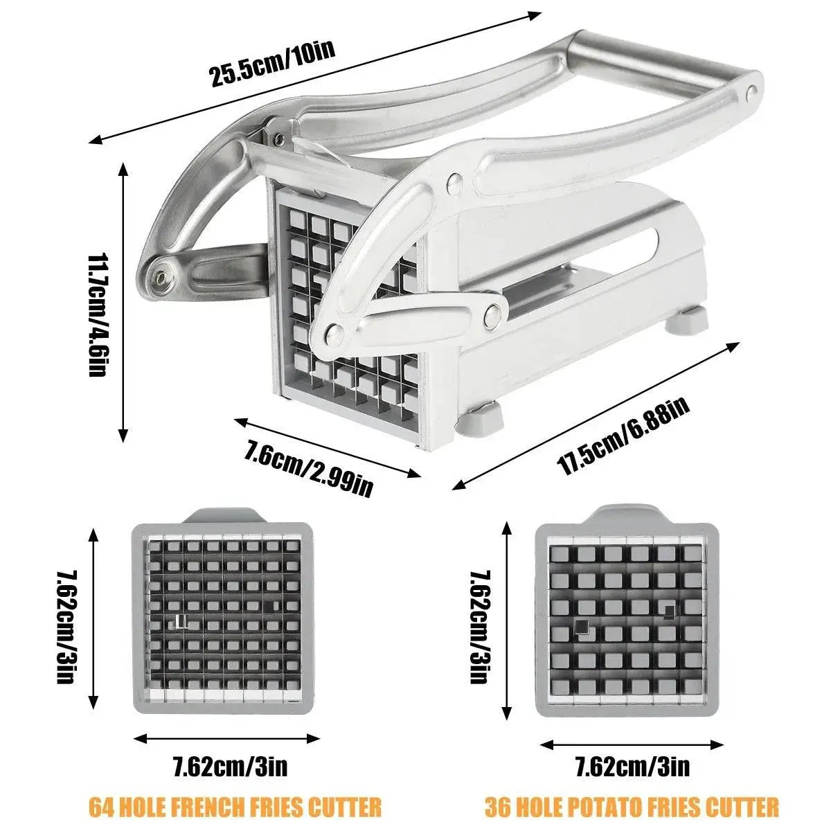 French Fry Cutter - Best Tool for Homemade Fries with detailed dimensions and two blade options for 64-hole and 36-hole slicing.