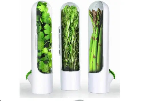 Set of three Herb Preserver Pods - Herb Freshness Containers storing cilantro, rosemary, and asparagus for compact herb storage.