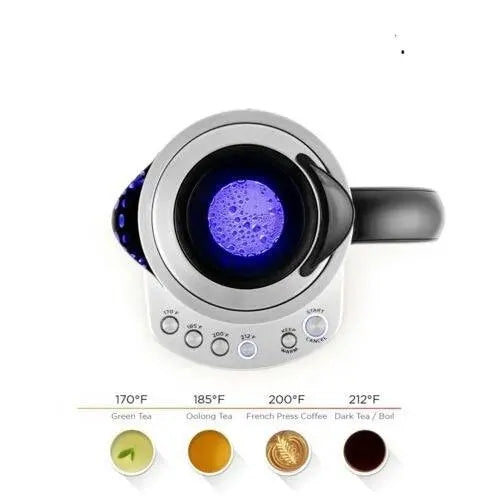 Electric Stainless Steel Kettle - Fast Boiling | Auto Shut-Off, top view of kettle with illuminated blue light and preset temperature options.