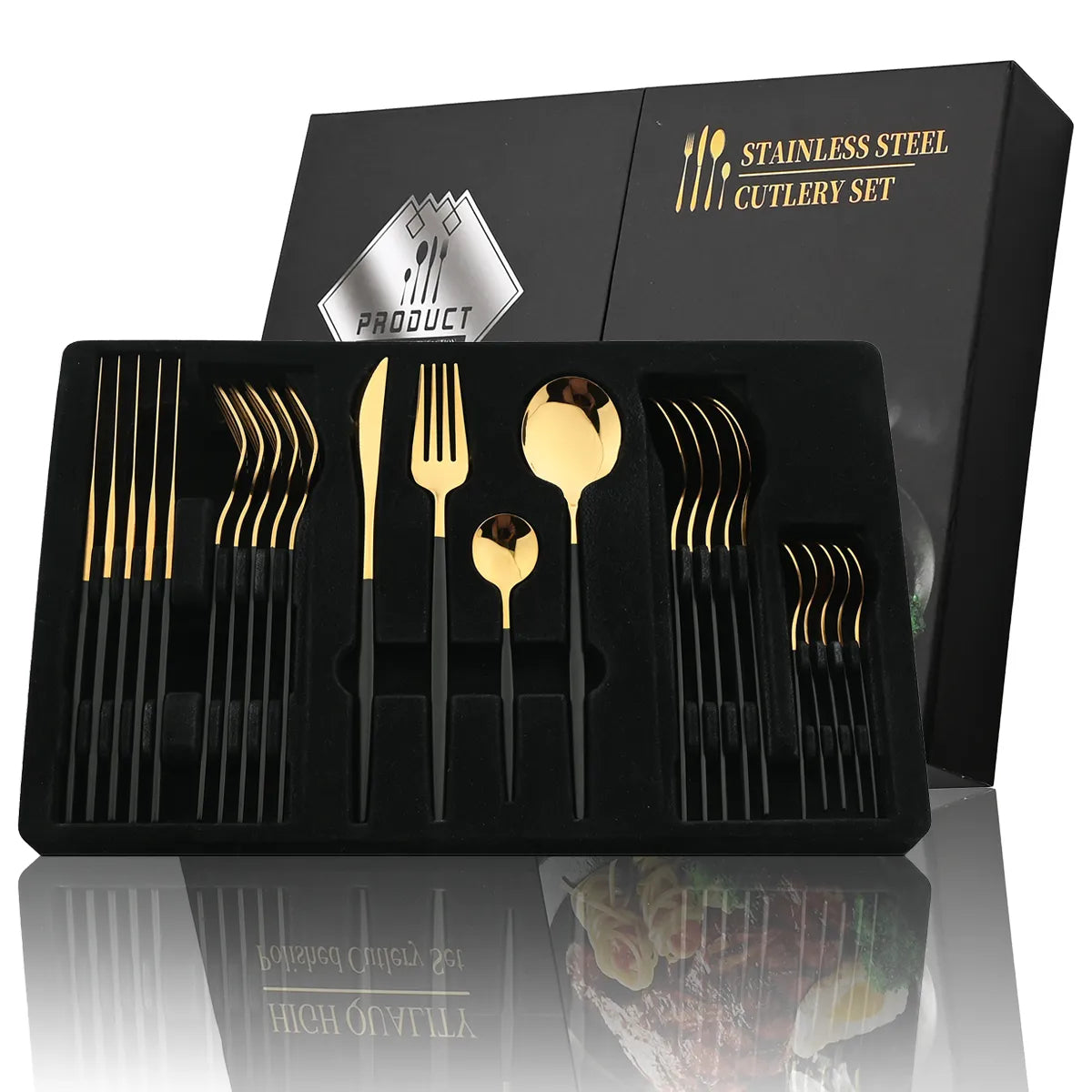 24 Pcs Black Handle Golden Cutlery Set