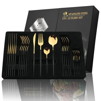 24 Pcs Black Handle Golden Cutlery Set