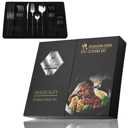 24 Pcs Black Handle Golden Cutlery Set